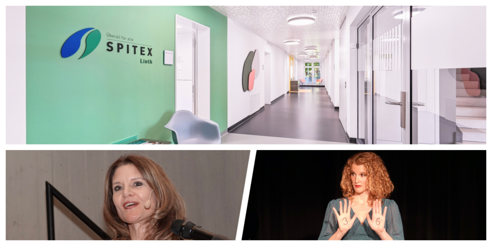 An der Mitgliederversammlung der Spitex Linth gibt Geschäftsleiterin Christine Schnyder (unten links)  Einblicke in die neuen Räume. Comedy vom Feinsten gibt es mit Monika Romer (unten rechts).