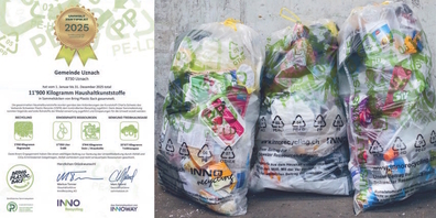 Für das fleissige Plastik-Sammeln der Uzner/innen in Sammelsäcken hat die Gemeinde Uznach ein Umwelt-Zertifikat (l.) erhalten.