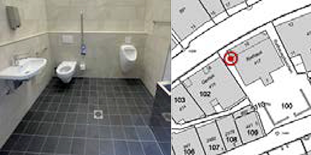 Blick in die neue barrierefreie Toilette mit separatem Pissoir im Rathaus I (l.). Der Ort ist auf einer Karte markiert.
