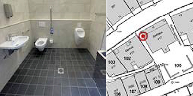 Blick in die neue barrierefreie Toilette mit separatem Pissoir im Rathaus I (l.). Der Ort ist auf einer Karte markiert.