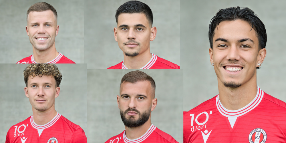 Ihre auslaufenden Verträge werden nicht verlängert: Florian Kamberi (o.1.v.l.), André Ribeiro (o.2.v.l.), Josué Schmidt (1.v.r.), Yannick Marchand (u.1.v.l.) und Adonis Ajeti (u.2.v.l.).