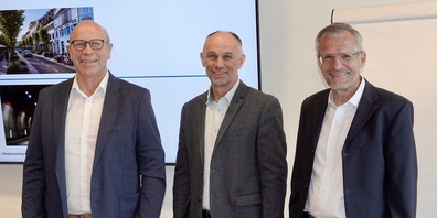 v.l. Ueli Dobler, Stadtrat; Christian Leutenegger, Stadtrat; Marcel Gämperle, Stadtplaner; bei der Medienorientierung zum Planungskredit für die Urnenabstimmung vom 14. Juni.