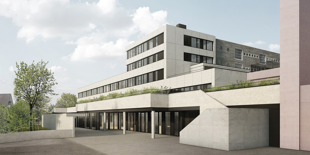 Die Mehrzweckhalle mit Kopfanbau der Schule ist nur eines von vielen neuen Elementen in der Riedmatt Wollerau.
