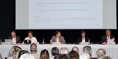  Mitglieder des Ortsverwaltungsrats Rapperswil-Jona an der Bürgerversammlung in der Aula der OST.