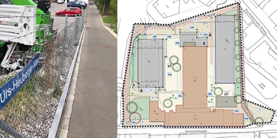 Die «Urs-Heuberger-Allee» (l.) und ein Ausschnitt des Sondernutzungsplans, der im Juni 2026 mit den Teilstrassenplänen zur Mitwirkung gelangt.