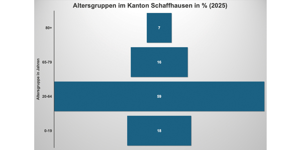 Mit 59 Prozent machen die 20- bis 64-Jährigen die grösste Altersgruppe im Kanton Schaffhausen aus, gefolgt von den 0- bis 19-Jährigen.