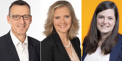 (v.l.) Am Sessionshöck referieren die Kantonsräte Cornel Aerne, Heidi Romer und Franziska Steiner (u.a.) zum Spital Linth und zur «Kopftuch-Motion».