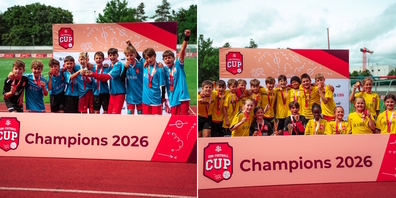 Wurden beim UBS Football Cup in Basel Schweizer Meister im Schul-Fussball: die 5. Klasse und die 4. Klasse des Schulhauses Schachen in Jona.