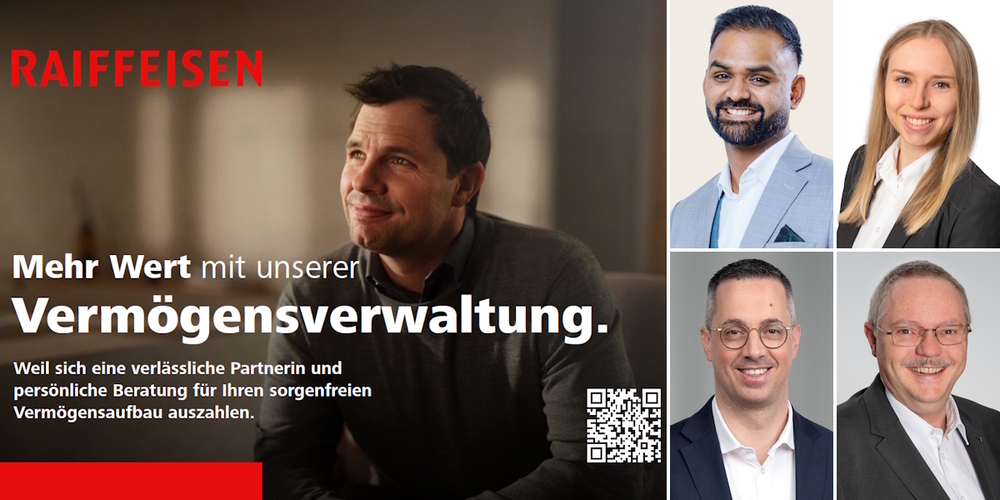 Ihre lokalen Expertinnen und Experten beraten Sie kompetent und ganzheitlich: Jeevithan Rajan (Raiffeisenbank Rapperswil-Jona), Fabian Trümpi (Raiffeisenbank am Ricken), Janine Jud (Raiffeisenbank Benken) und Roger Hurni (Raiffeisenbank Schänis-Amden).
