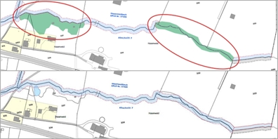 Ausschnitt aus dem alten (oben) und dem neuen (unten) Sondernutzungsplan «Rotfarbkanal und Hasenweidbach».