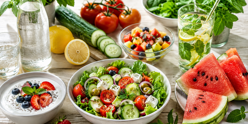 Mit einer leichten, frischen Ernährung und ausreichend Flüssigkeit lässt sich der Körper an heissen Tagen besser unterstützen.