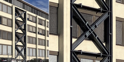 Eine Stahlkonstruktion am Geberit-Gebäude in Jona (l.) verbessert die Erdbebensicherheit. Detail der Konstruktion (r.).