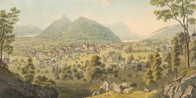Idyllische und idealisierte Landschaftsdarstellungen wie diese vom Talkessel Schwyz trugen zur wachsenden Beliebtheit der Region Schwyz für Reisende bei.