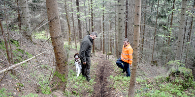 Wildhüter Matthias Oechslin (links) und Förster Pirmin Schuler entdecken bei ihrem Rundgang durch den Wald einen frisch angelegten Trail, der innerhalb kürzester Zeit unübersehbare Spuren der Zerstörung am Waldboden anrichtet.
