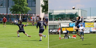  Nr.7 Silvan Jung / Nr.3 Timo Hagmann (Zuspieler Jung spielt Ball auf Angreifer Hagmann zur Atacke) /  Angreifer Thomas Weder.