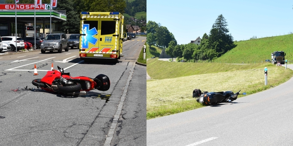 In Schänis (l.) prallte dieses Motorrad in ein Auto. In Ermenswil verunfallte der Fahrer dieses Rollers.