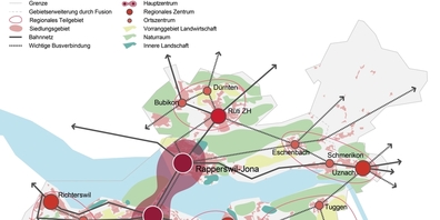 Ausschnitt des Zukunftsbilds der Agglo Obersee mit wesentlicher Raumstruktur und funktionaler Gliederung.