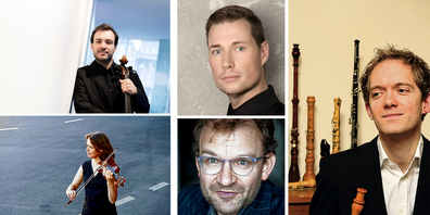 An den «SommerMusikWollerau»-Konzerten beteiligt: Alex Jellici (Barockcello), Monika Baer, Barockvioline, und Organist Michael Pelzel (unten) sowie Philipp Wagner, Barockoboe (r). In der Mitte oben: Alexander Seidel: Lesungen und Kantaten.