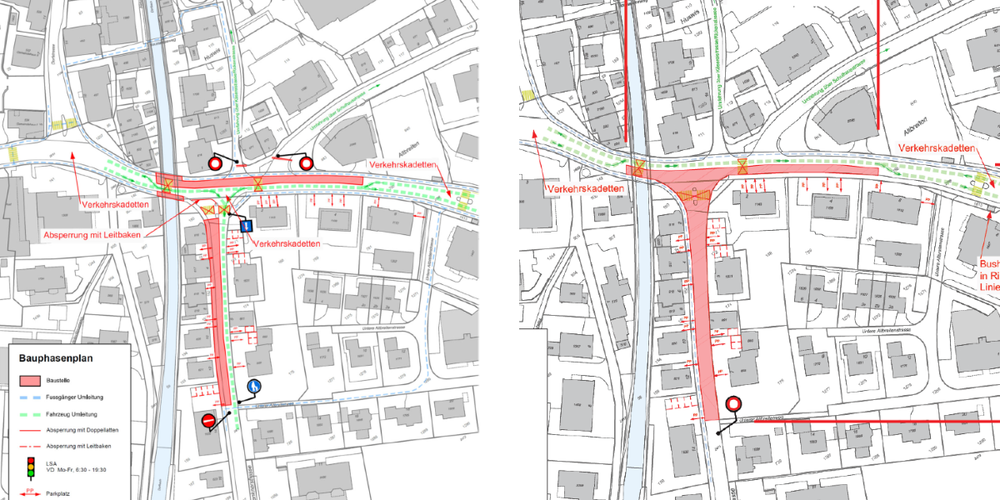 Auszug aus dem Bauphasenplan der Deckbelagsarbeiten: Etappe 1 (18. Juni, l.) und Etappe 2 (21./22. Juni).