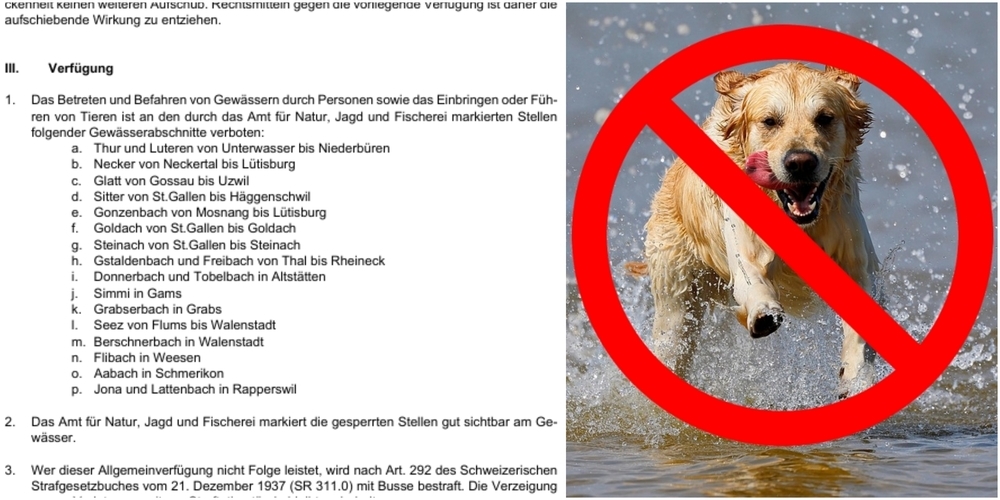 Das Betretungsverbot (auch für Tiere wie z.B. Hunde) betrifft die Jona, den Lattenbach, den Aabach und den Flibach.