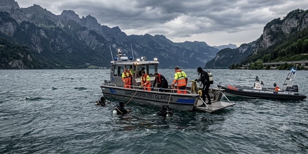 Schwierige Suche nach zwei vermissten SUP-Paddlern durch die Seerettung und Polizeitaucher auf dem Walensee.