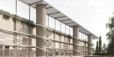 Ein Blick auf das geplante Sportzentrum und das Aussenbad. (Visualisierung)