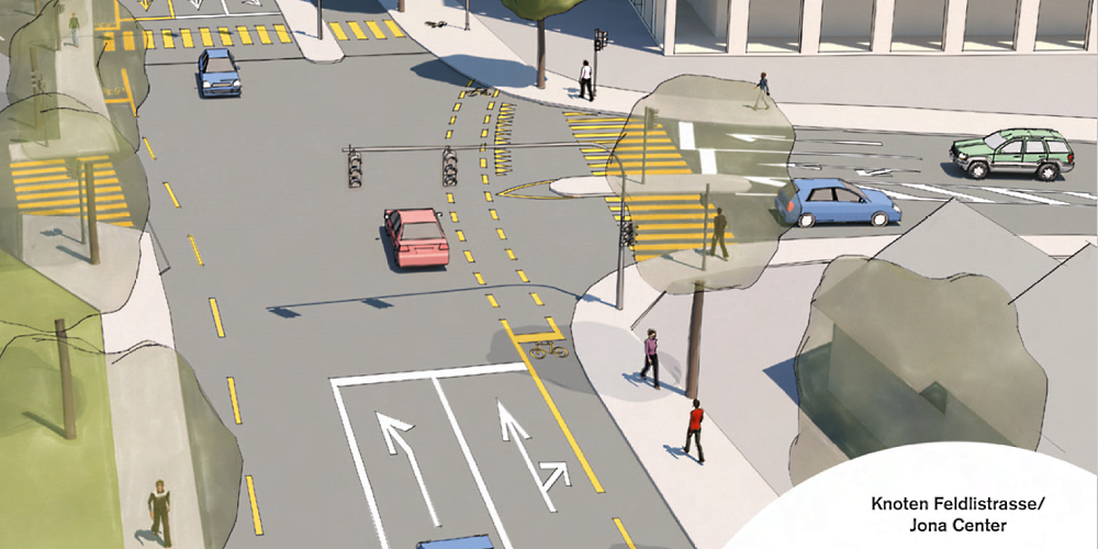 Projekt Avenida: Slalomfahrt zwischen Verkehr und Fussgänger-Trottoir statt separater Velospur.