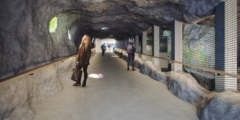 Visualisierung: Rechts des bestehenden Tunnels transportiert ab diesem Sommer ein neuer Schräglift Personen und Material von der Bergstation ins Berggasthaus. Der Tunnel ist trotz Baustelle bereits begehbar.