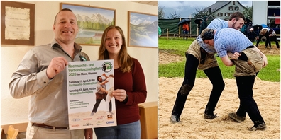 Links: Adi Oertig vom Schwingerverband Rapperswil und Umgebung und Ramona Bachmann vom Schützenverein Weesen: Die Vereine spannen zusammen für das diesjährige Nachwuchs- und Verbandsschwingfest. Rechts: Am Verbandsschwingfest in St. Gallenkappel 2023. (Archiv)