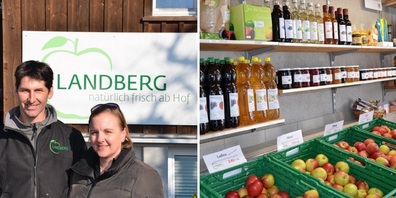 Melanie und Roman Stüdli vor dem Eingang in den Hofladen. Ihre Produkte verkaufen sie hauptsächlich hier und auf dem Markt. 