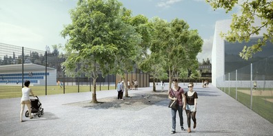 So soll die Gossauer Sportanlage Buechenwald dereinst aussehen: Links der Fussballplatz, rechts das Hallenbad