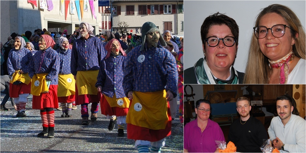 Links: Die Buchwaldhexen am Kaltbrunner Fasnachtsumzug 2026. Rechts (o.) Zunftmeister Karin Hofstetter und Sandra Thoma. Rechts (u.): Lydia Gebs, Jan Hofstetter und Janick Da Cunha traten zurück.
