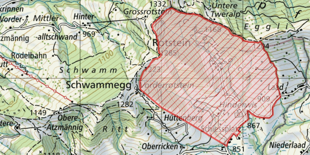 Karte mit dem Gebiet des Schiessplatzes Cholloch am Ricken.