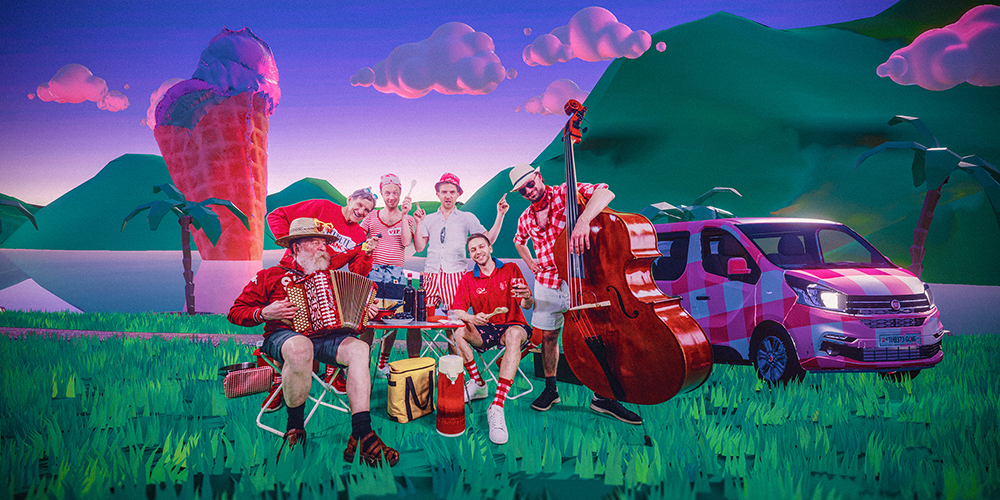 Die Stubete Gäng um den Arther Aurel Hassler (hinten im weissen Shirt), Bruder Moritz (vorne rechts) und Vater Hans (vorne links) hat ein Loblied auf das Schweizer Sommerparadies Nummer 1 veröffentlicht.