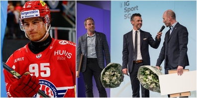 Lakers-Spieler Tyler Moy (l.) ist St.Galler Sportler des Jahres. Moy und der ebenfalls ausgezeichnete Kevin Fiala sind zurzeit in den USA, weshalb die Preise stellvertretend von Markus Bütler (r., Geschäftsführer SCRJ Lakers), und Kevins Vater Jan Fiala entgegengenommen wurden.