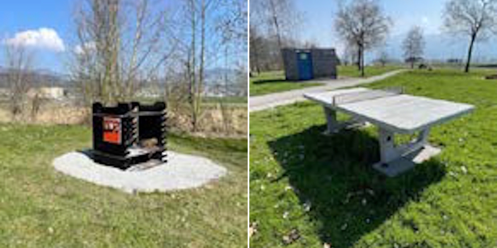 Für die neue zentrale Grillstelle am Flussbad Grynau (l.) ist Brennholz selbst mitzubringen. Zudem ergänzt ein neuer Tischtennistisch das Sportangebot.