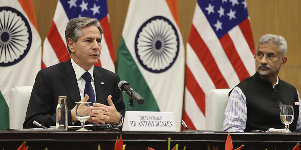 Subrahmanyam Jaishankar (r), Außenminister von Indien, und Antony Blinken, Außenminister der USA, während einer gemeinsamen Pressekonferenz. Foto: Jonathan Ernst/POOL Reuters/AP/dpa