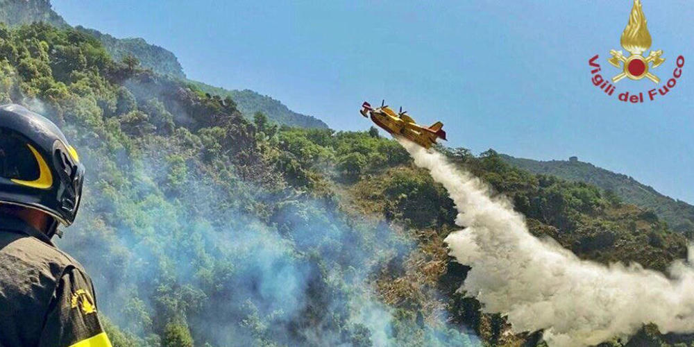 HANDOUT - Ein Löschflugzeug ist in der Region Kalabrien im Einsatz. Foto: Vigili del Fuoco/dpa - ACHTUNG: Nur zur redaktionellen Verwendung im Zusammenhang mit der aktuellen Berichterstattung und nur mit vollständiger Nennung des vorstehenden Credits