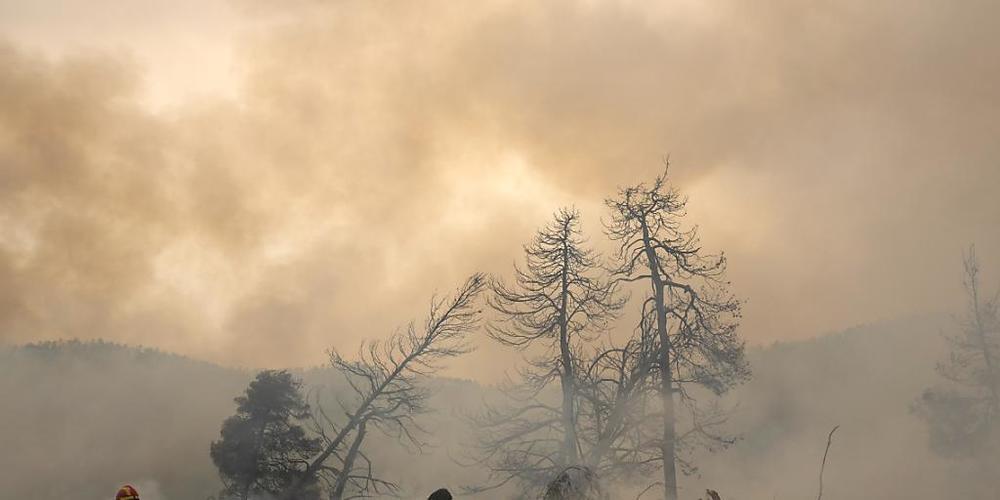 Zwei Männer versuchen im Dorf Ellinika auf der Insel Euböa die Flammen zu löschen. Nach über einer Woche Kampf gegen unzählige Großbrände im ganzen Land hat sich die Situation in Griechenland am Montag vorerst leicht entspannt. Doch die Gefahr ist...