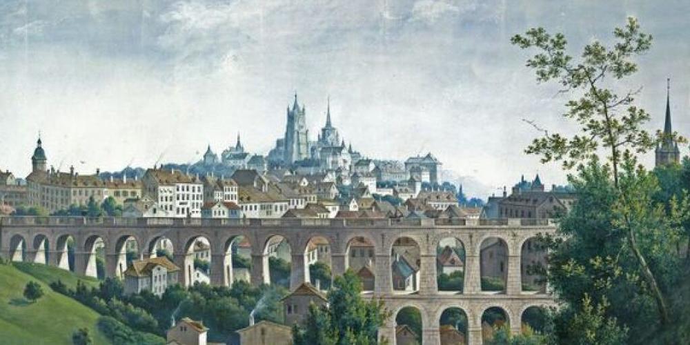 Lausanne ums Jahr 1800. Später wurde das Tal des Flon mitsamt der unteren Bogenreihe des Grand-Pont aufgeschüttet. Nun soll über dem unterirdischen  Flussgewölbe eine neue Metrostation gebaut werden. Das ist eine komplexe Aufgabe, wie eine Diploma...