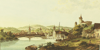 Ansicht der Stadt Schaffhausen 1795. Im Hintergrund die Grubenmannbrücke, vorne am Ufer Ledischiffe (Lädinen).