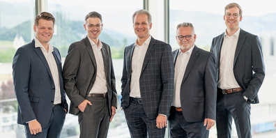 Die neuen GL-Mitglieder mit CEO Patrik Lanter (v.l.n.r.): Pascal Welti (Leiter Energy Consulting), Michael Eugster (Leiter Marketing), Patrik Lanter (CEO), Pascal Perrino (Leiter Information Technology) und Ralph Stadler (Leiter Business Development)