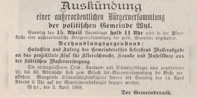 Ankündigung der Bürgerversammlung 1888.
