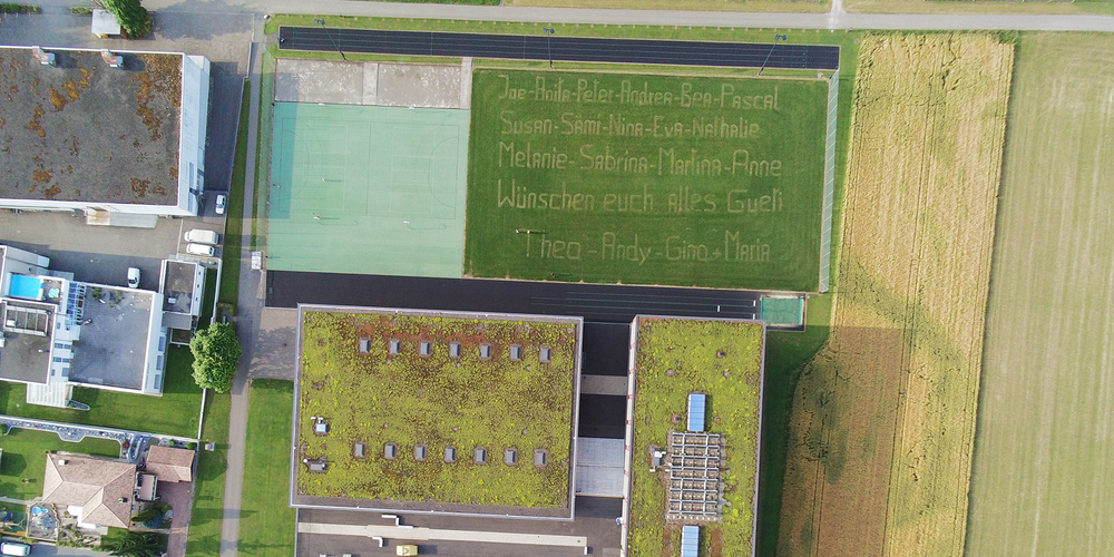 Ins Gras geschnitten: Die wegziehenden Lehrpersonen der Sek1 March Buttikon werden auf spezielle Art verabschiedet.