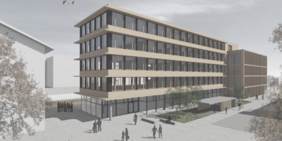 Visualisierung des geplanten Schreiner Kompetenzzentrum in St.Margrethen. Der Neubau direkt am Bahnhof soll auf den Start des Schuljahres 2025/26 bezugsbereit sein. Visualisierung: RLC