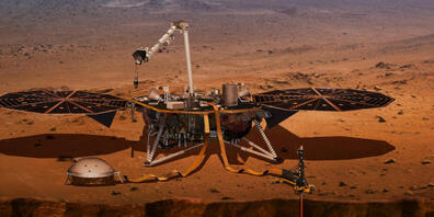 Der Mars-Lander Insight - im Bild eine künstlerische Darstellung - registriert derzeit erhöhte Bebenaktivität. InSight ist die Abkürzung für Interior Exploration using Seismic Investigations, Geodesy and Heat Transport (Nasa).