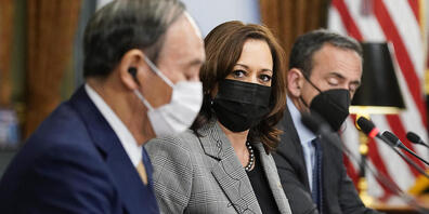 US-Vizepräsidentin Kamala Harris bei einem Treffen in Washington DC mit dem japanischen Premierminister Yoshihide Suga und Australiens Premierminister Scott Morrison. Foto: Patrick Semansky/Pool AP/dpa