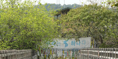 Ein Banner und Bänder, die hoffnungsvolle Botschaften über eine erwünschte Wiedervereinigung der beiden Koreas zeigen, sind am Drahtzaun des Imjingak-Pavillons nahe der Grenze zu Nordkorea zu sehen. Foto: Ahn Young-Joon/AP/dpa
