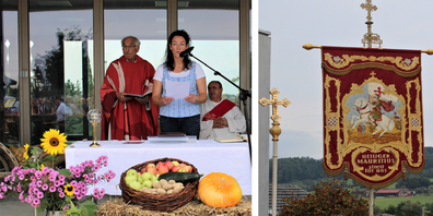 So schmuckvoll wird in Lenggenwil der Erntedank gefeiert. / Die antike Kirchenfahne zeigt den römischen Offizier Mauritius und Kirchenpatron von Lenggenwil.