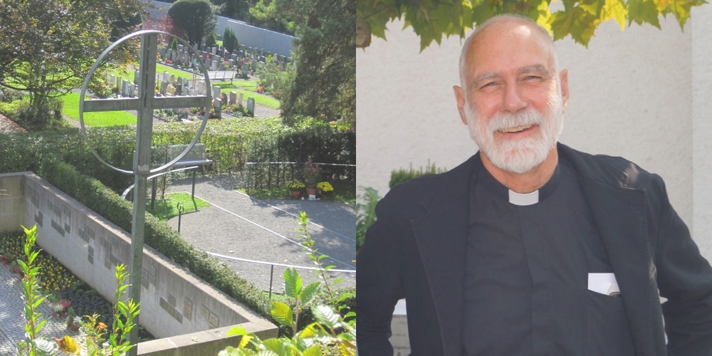 Pfarrer Felix Büchi (r.) führt durch den Friedhof Jona und gibt Auskunft.